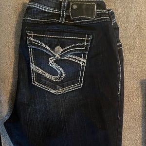 Silver Bling Boot Cut Jeans in Dark Blue